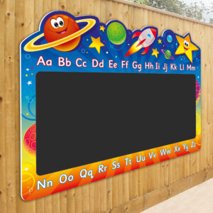 Colourful space themed illustrations. Including planets with friendly faces. English alphabet A to Z, top and bottom of black chalkboard that is within the central area of the sign.