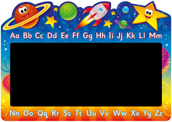 Colourful space themed illustrations. Including planets with friendly faces. English alphabet A to Z, top and bottom of black chalkboard that is within the central area of the sign.