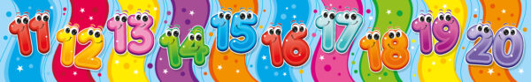 Bubble-style numbers from 11 to 20, each designed with decorative smiley faces as part of the design.