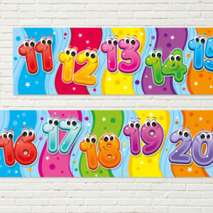 Bubble-style numbers from 11 to 20, each designed with decorative smiley faces as part of the design.