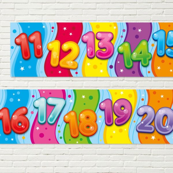 Bubble-style numbers from 11 to 20, featuring bold colours and stars.