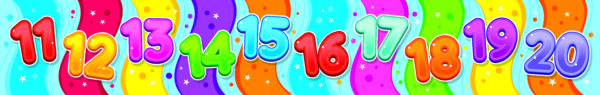 Bubble-style numbers from 11 to 20, featuring bold colours and stars.