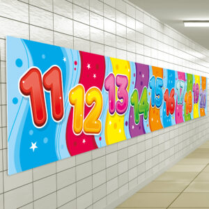 Bubble-style numbers ranging from 11 to 20, designed with bold, vibrant colours and adorned with star patterns. These numbers are printed on 5 mm Foamex and securely mounted on a wall.